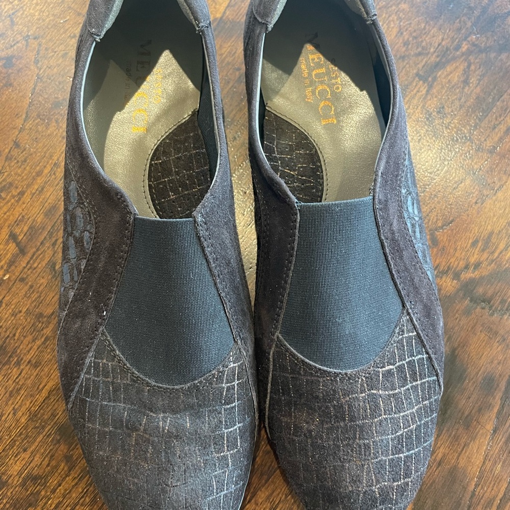 Sesto Meucci Brown Sueded Metallic Slip Ons - 8 Narrow